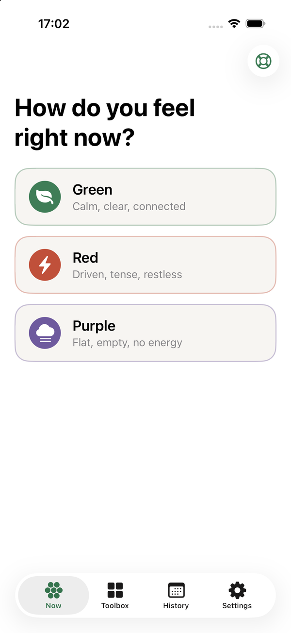 Veer’s check-in screen: green, red or purple