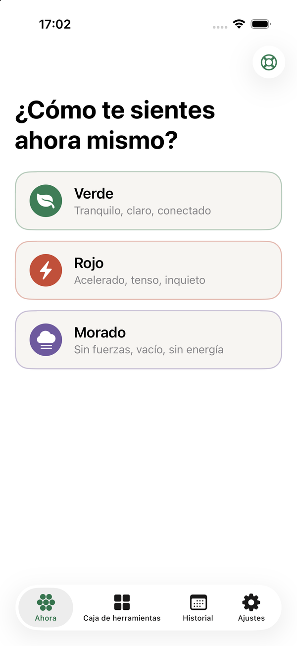 La pantalla de registro de Veer: verde, rojo o morado