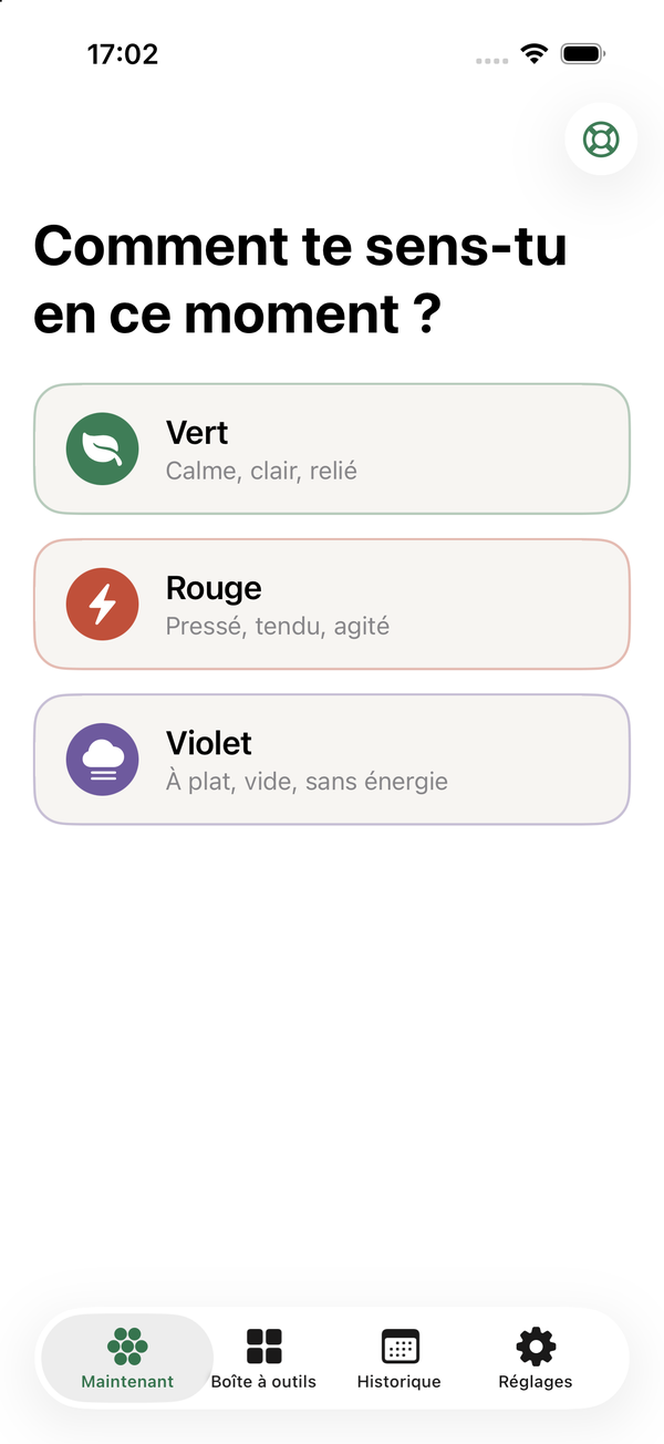L’écran d’accueil de Veer : vert, rouge ou violet