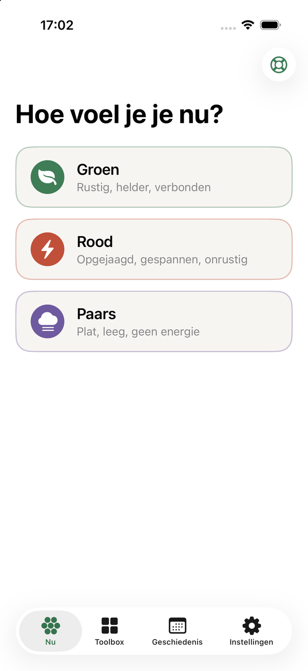 Het check-inscherm van Veer: groen, rood of paars